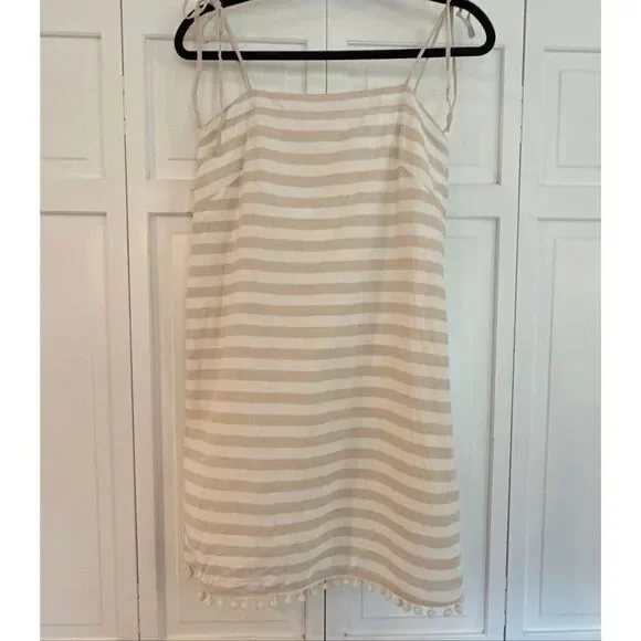 J.Crew beige striped Pom trim linen tie shoulder dress size xs - Picture 10 of 12
